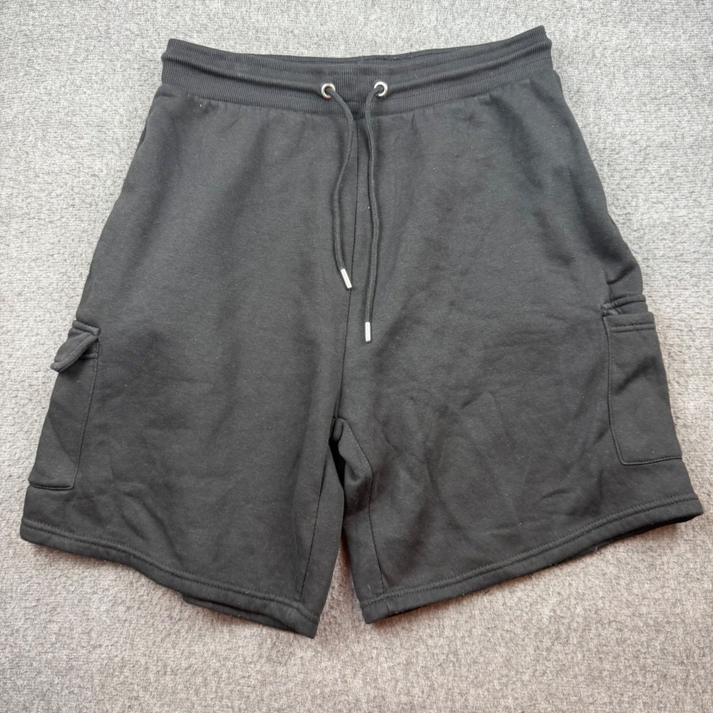 BoohooMAN Cargo Sweat Shorts Men's Large Black Drawstring Cotton Blend Fleece